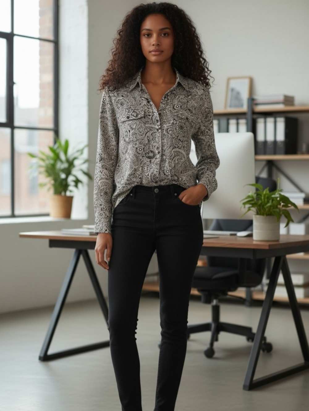 Black and White Paisley Button-Up Shirt